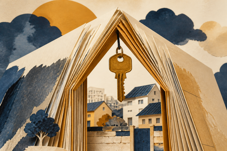 주택 서류와 열쇠를 표현한 설명용 일러스트 (AI 생성)