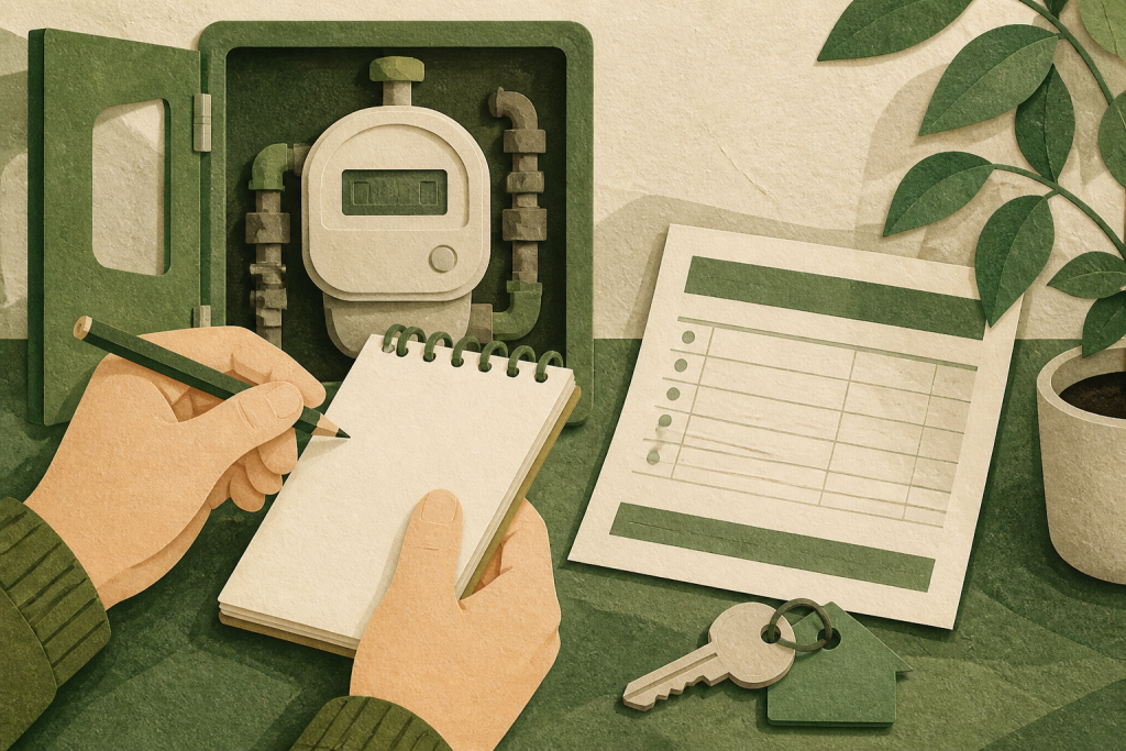 계량기와 관리비 정산 자료를 기록하는 설명용 일러스트 (AI 생성)