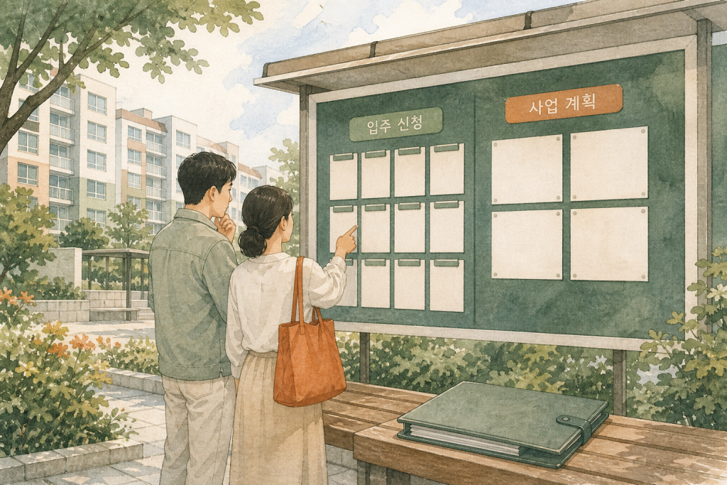 사업 계획과 입주자 모집을 구분하는 설명용 일러스트 (AI 생성)
